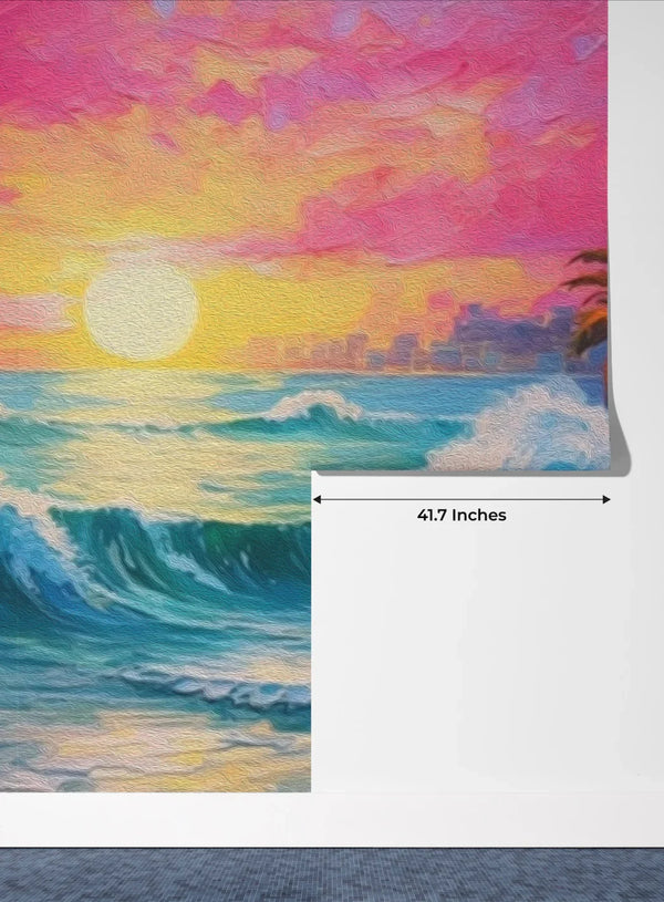 Pink Sky, Sunrise and Sea View Wallpaper, Oil Painting Mural, Oversized Custom Size Wall Art, Non-Woven, Non-Adhesive, Modern Wall Paper, Removable