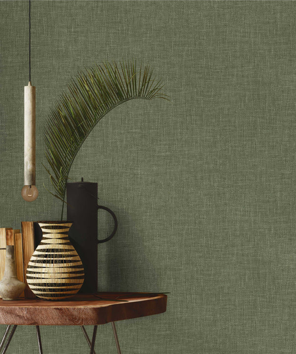 Green Muse Linen Texture Wallpaper, Natural Wallpaper, Modern & Minimalist Wall Covering, Modern Look Neutral Colors Glittering Wallcovering