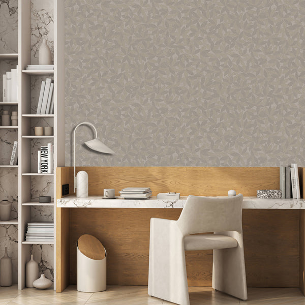 Greige Leaf Pattern Wallpaper, Natural Wallpaper, Modern & Minimalist Wall Covering, Modern Look Neutral Colors Glittering Wallcovering