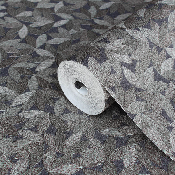 Dark Gray Leaf Pattern Wallpaper, Natural Wallpaper, Modern & Minimalist Wall Covering, Modern Look Neutral Colors Glittering Wallcovering