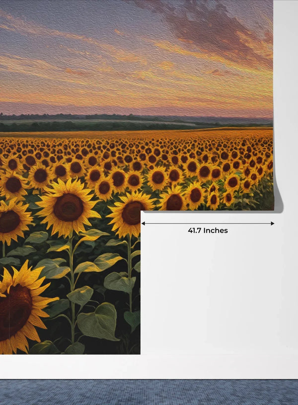 Panaroma Sunflowers, Sunset Wallpaper, Oil Painting Mural, Oversized Custom Size Wall Art, Non-Woven, Non-Adhesive, Modern Wall Paper, Removable