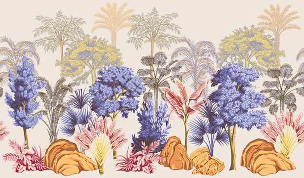 Tropical Vintage Landscape Wallpaper, Trees Wall Mural, Oversized Custom Size Wall Art, Non-Woven, Non-Adhesive, Modern Wall Paper, Removable