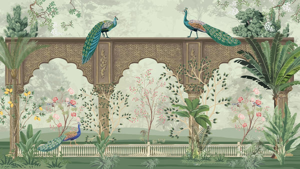 Traditional Mughal Garden Wallpaper, Peacock, Brown Arch Mural, Oversized Custom Size Wall Art, Non-Woven, Non-Adhesive, Modern Wall Paper, Removable