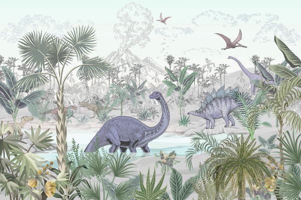 Blue Dino World Wallpaper, Jungle Mural, Oversized Custom Size Wall Art, Non-Woven, Non-Adhesive, Modern Wall Paper, Removable