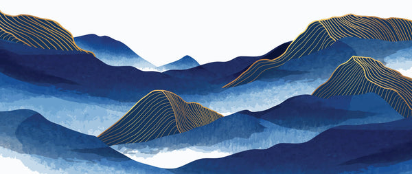 Blue Mountain Wallpaper, Golden Lines Mural, Oversized Custom Size Wall Art, Non-Woven, Non-Adhesive, Modern Wall Paper, Removable