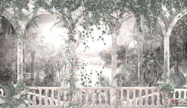 White Arch Wallpaper, Tropical Leaves, Vines Mural, Oversized Custom Size Wall Art, Non-Woven, Non-Adhesive, Modern Wall Paper, Removable