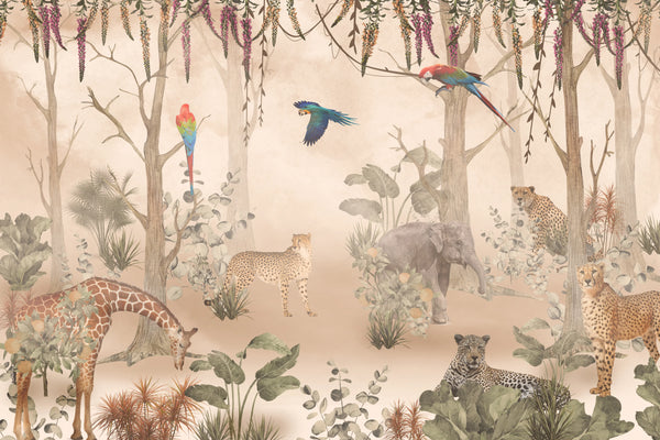 Kids Animals Wallpaper, Forest Mural, Oversized Custom Size Wall Art, Non-Woven, Non-Adhesive, Modern Wall Paper, Removable