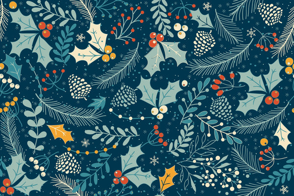 Leaves and Berries, Dark Blue Background Wallpaper, Seamless Pattern Mural, Oversized Custom Size Wall Art, Non-Woven, Non-Adhesive, Modern Wall Paper, Removable