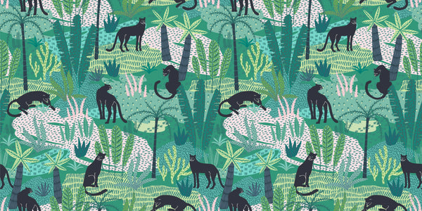 Panthers and Tropical Leaves Wallpaper, Seamless Pattern Mural, Oversized Custom Size Wall Art, Non-Woven, Non-Adhesive, Modern Wall Paper, Removable