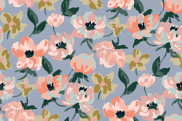 Abstract Floral, Blue Background Wallpaper, Seamless Pattern Mural, Oversized Custom Size Wall Art, Non-Woven, Non-Adhesive, Modern Wall Paper, Removable