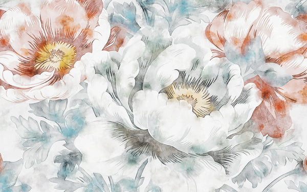 Watercolor Flowers Wallpaper, Hand-Painted Background Mural, Oversized Custom Size Wall Art, Non-Woven, Non-Adhesive, Modern Wall Paper, Removable