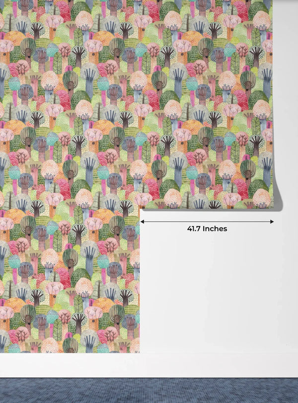 Childish Forest Wallpaper, Seamless Pattern Mural, Oversized Custom Size Wall Art, Non-Woven, Non-Adhesive, Modern Wall Paper, Removable