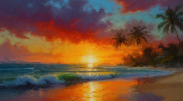 Tropical Beach, Golden Hour Wallpaper, Oil Painting Mural, Oversized Custom Size Wall Art, Non-Woven, Non-Adhesive, Modern Wall Paper, Removable