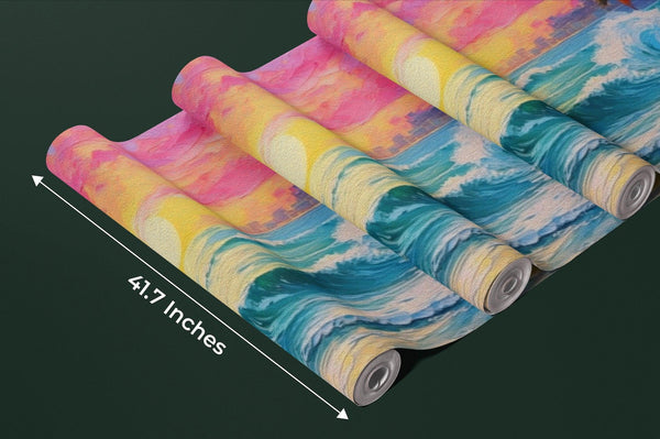 Pink Sky, Sunrise and Sea View Wallpaper, Oil Painting Mural, Oversized Custom Size Wall Art, Non-Woven, Non-Adhesive, Modern Wall Paper, Removable