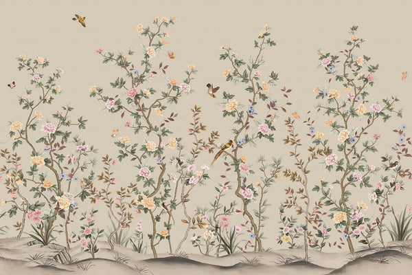 Chinoiserie Floral Blossoms Wall Mural, Green Botanical Tree Flowers Wallpaper, Custom Size Wall Covering, Non-Woven, Non-Adhesive, Removable, Washable - Walloro Luxury Embossed Textured Wallpaper