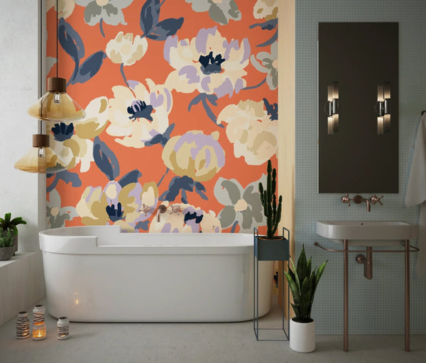 Abstract Floral, Orange Background Wallpaper, Seamless Pattern Mural, Oversized Custom Size Wall Art, Non - Woven, Non - Adhesive, Modern Wall Paper, Removable - Adawall Wallpaper - Registered Trade Accounts Only, Wallpaper Wholesale Account - W78084 - Adawall Wholesale - Wallpaper Wholesaler
