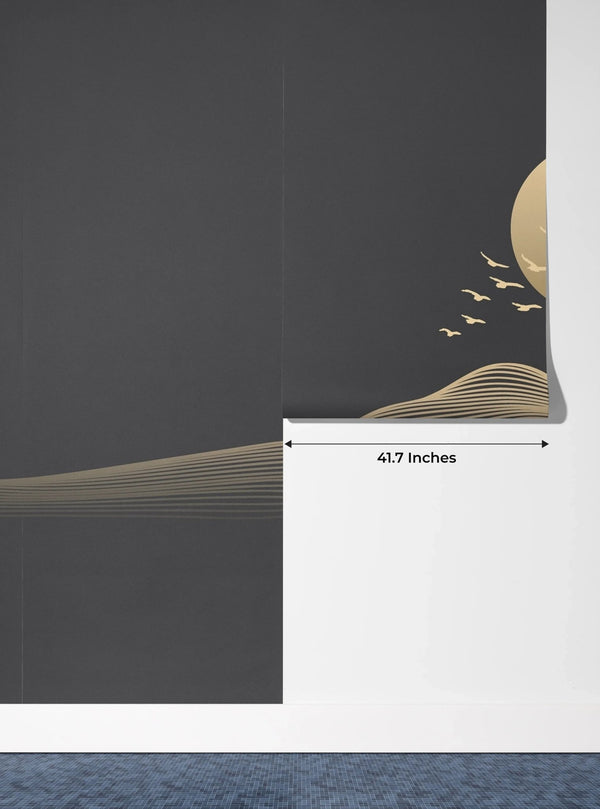 Abstract Gold Landscape Wallpaper, Mountain and Birds, Black Background Mural, Oversized Custom Size Wall Art, Non - Woven, Non - Adhesive, Modern Wall Paper, Removable - Adawall Wallpaper - Registered Trade Accounts Only, Wallpaper Wholesale Account - W77909 - Adawall Wholesale - Wallpaper Wholesaler