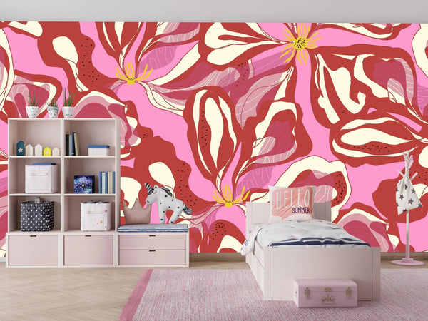 Abstract Red Flowers Wallpaper, Seamless Pattern Mural, Oversized Custom Size Wall Art, Non - Woven, Non - Adhesive, Modern Wall Paper, Removable - Adawall Wallpaper - Registered Trade Accounts Only, Wallpaper Wholesale Account - W77741 - Adawall Wholesale - Wallpaper Wholesaler