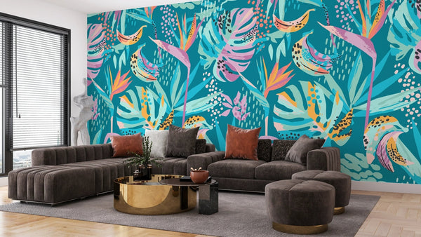 Abstract Tropical Leaves Wallpaper, Seamless Pattern Mural, Oversized Custom Size Wall Art, Non - Woven, Non - Adhesive, Modern Wall Paper, Removable - Adawall Wallpaper - Registered Trade Accounts Only, Wallpaper Wholesale Account - W78046 - Adawall Wholesale - Wallpaper Wholesaler