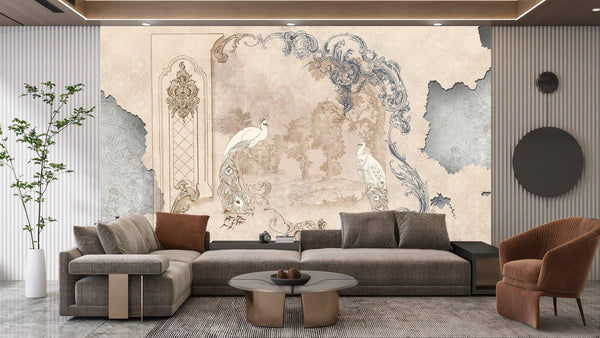 Baroque With Birds Wallpaper, Classic Style Mural, Oversized Custom Size Wall Art, Non - Woven, Non - Adhesive, Modern Wall Paper, Removable - Adawall Wallpaper - Registered Trade Accounts Only, Wallpaper Wholesale Account - W77650 - Adawall Wholesale - Wallpaper Wholesaler
