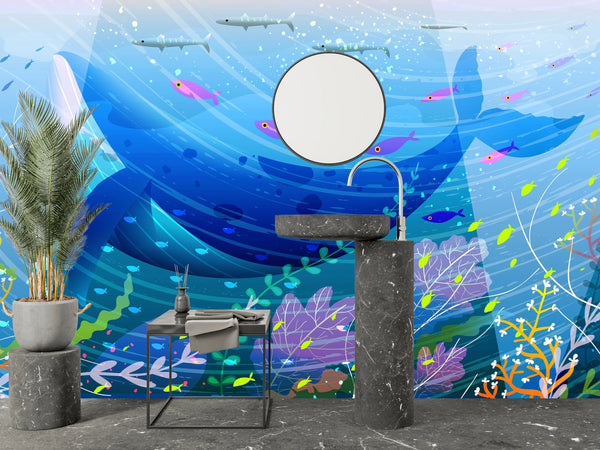 Whale and Fishes Wallpaper, Underwater Scene Mural, Oversized Custom Size Wall Art, Non-Woven, Non-Adhesive, Modern Wall Paper, Removable