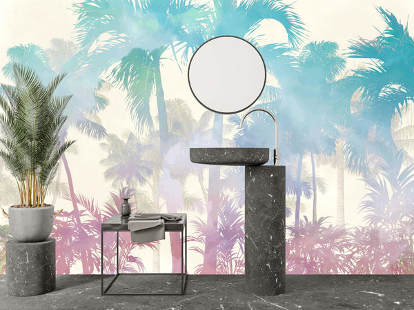 Tropical Palm Trees Wallpaper, Colorful Mural, Oversized Custom Size Wall Art, Non-Woven, Non-Adhesive, Modern Wall Paper, Removable