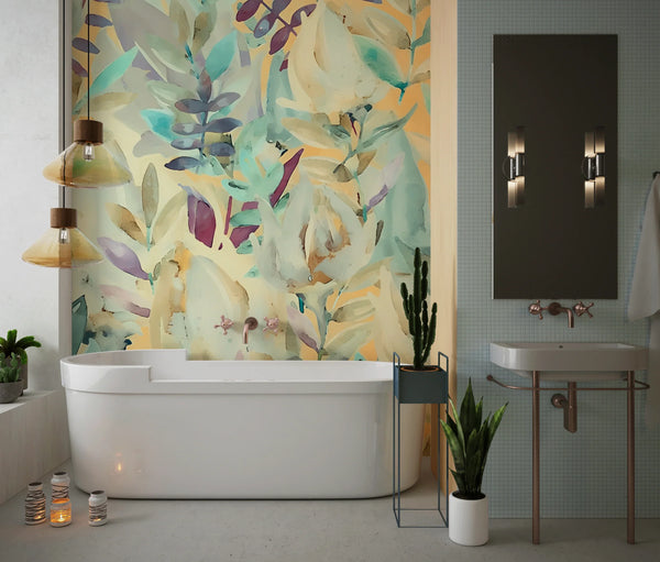 Colorful Flowers Wallpaper, Watercolor Mural, Oversized Custom Size Wall Art, Non-Woven, Non-Adhesive, Modern Wall Paper, Removable