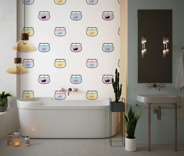 Goldfishes Doodle Wallpaper, Seamless Pattern Mural, Oversized Custom Size Wall Art, Non-Woven, Non-Adhesive, Modern Wall Paper, Removable