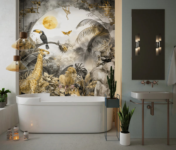 Tropical Landscape Wallpaper, Safari Animals Mural, Oversized Custom Size Wall Art, Non-Woven, Non-Adhesive, Modern Wall Paper, Removable