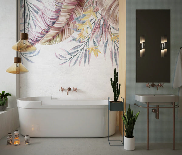 Tropical Leaves Wallpaper, Hummingbirds Mural, Oversized Custom Size Wall Art, Non-Woven, Non-Adhesive, Modern Wall Paper, Removable