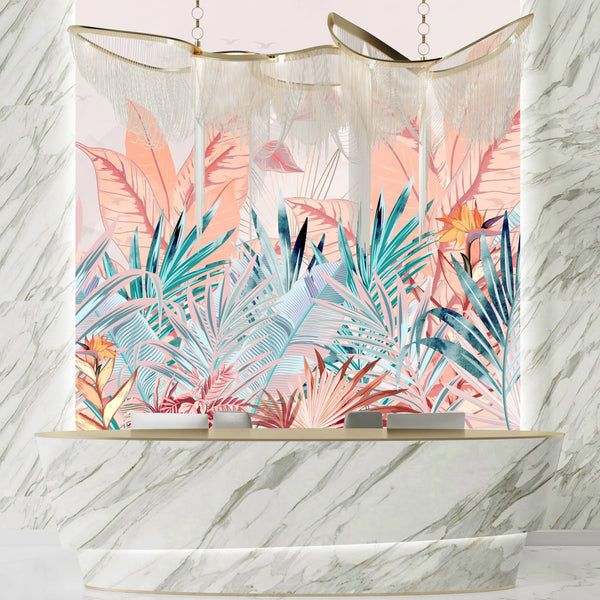 Tropical Forest Wallpaper, Pastel Colors Mural, Oversized Custom Size Wall Art, Non-Woven, Non-Adhesive, Modern Wall Paper, Removable