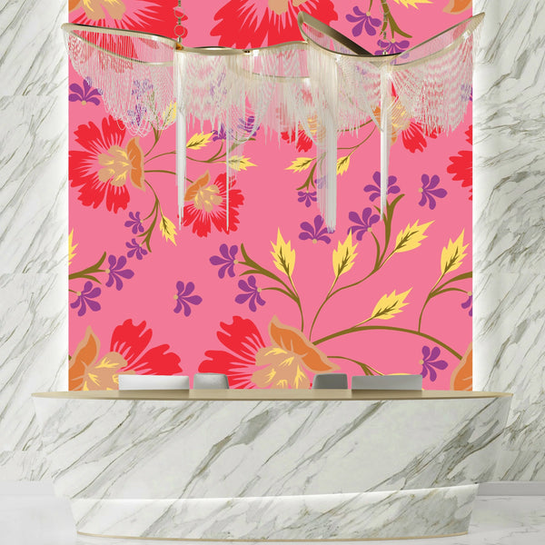 Colorful Floral, Pink Background Wallpaper, Seamless Pattern Mural, Oversized Custom Size Wall Art, Non-Woven, Non-Adhesive, Modern Wall Paper, Removable