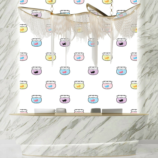 Goldfishes Doodle Wallpaper, Seamless Pattern Mural, Oversized Custom Size Wall Art, Non-Woven, Non-Adhesive, Modern Wall Paper, Removable