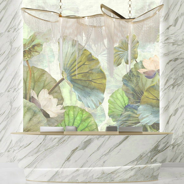 Lotus Leaves Wallpaper, Botanical Mural, Oversized Custom Size Wall Art, Non-Woven, Non-Adhesive, Modern Wall Paper, Removable