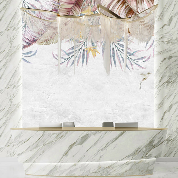 Tropical Leaves Wallpaper, Hummingbirds Mural, Oversized Custom Size Wall Art, Non-Woven, Non-Adhesive, Modern Wall Paper, Removable