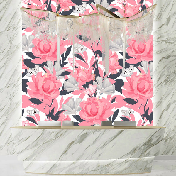 Pink Flowers Wallpaper, Seamless Pattern Mural, Oversized Custom Size Wall Art, Non-Woven, Non-Adhesive, Modern Wall Paper, Removable