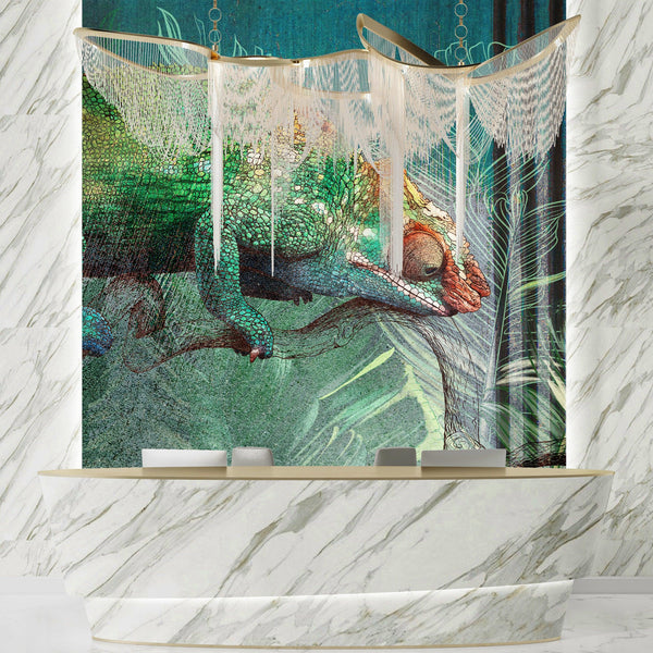 Tropical Leaves Wallpaper, Chameleon Background Mural, Oversized Custom Size Wall Art, Non-Woven, Non-Adhesive, Modern Wall Paper, Removable