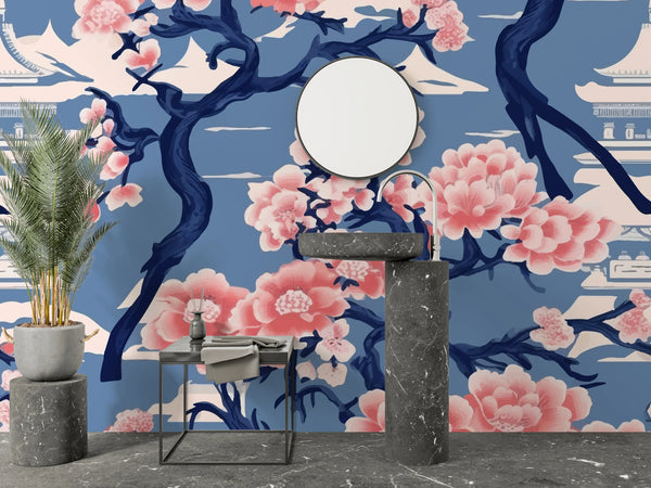 Traditional Japanese Kimono Wallpaper, Sakura Pattern Mural, Oversized Custom Size Wall Art, Non-Woven, Non-Adhesive, Modern Wall Paper, Removable