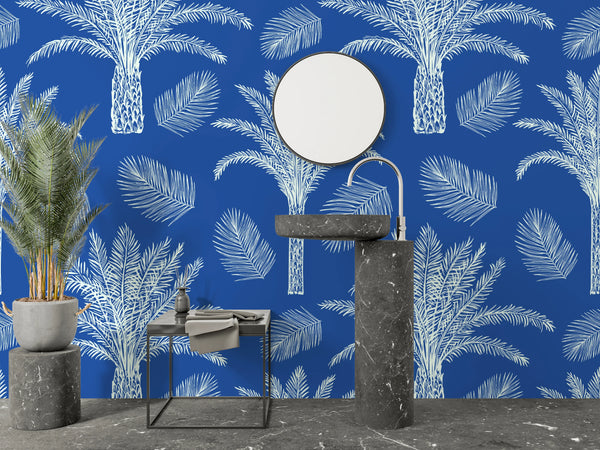 Palm Trees and Leaves Wallpaper, Seamless Pattern Mural, Oversized Custom Size Wall Art, Non-Woven, Non-Adhesive, Modern Wall Paper, Removable