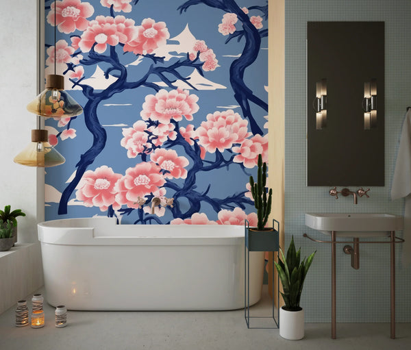 Traditional Japanese Kimono Wallpaper, Sakura Pattern Mural, Oversized Custom Size Wall Art, Non-Woven, Non-Adhesive, Modern Wall Paper, Removable