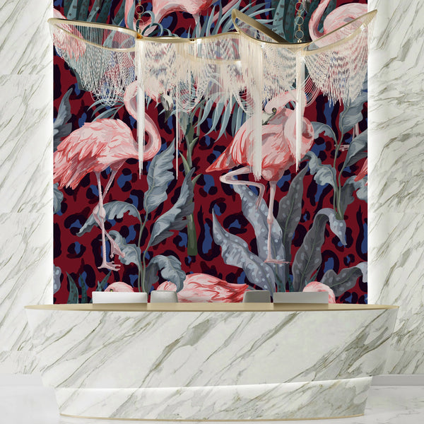 Pink Flamingo Wallpaper, Seamless Pattern Mural, Oversized Custom Size Wall Art, Non-Woven, Non-Adhesive, Modern Wall Paper, Removable