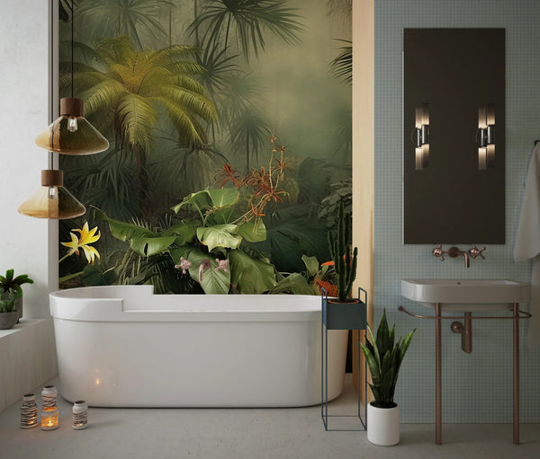 Green Forest Landscape Wallpaper, Tropical Plants Wall Mural, Oversized Custom Size Wall Art, Non-Woven, Non-Adhesive, Modern Wall Paper, Removable