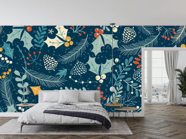 Leaves and Berries, Dark Blue Background Wallpaper, Seamless Pattern Mural, Oversized Custom Size Wall Art, Non-Woven, Non-Adhesive, Modern Wall Paper, Removable