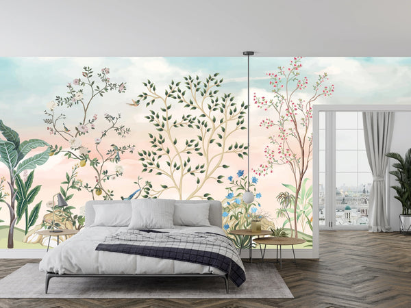Chinoiserie Wallpaper, Floral Trees Mural, Oversized Custom Size Wall Art, Non-Woven, Non-Adhesive, Modern Wall Paper, Removable