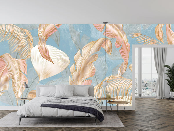Golden Palms Wallpaper, Blue Background Mural, Oversized Custom Size Wall Art, Non-Woven, Non-Adhesive, Modern Wall Paper, Removable
