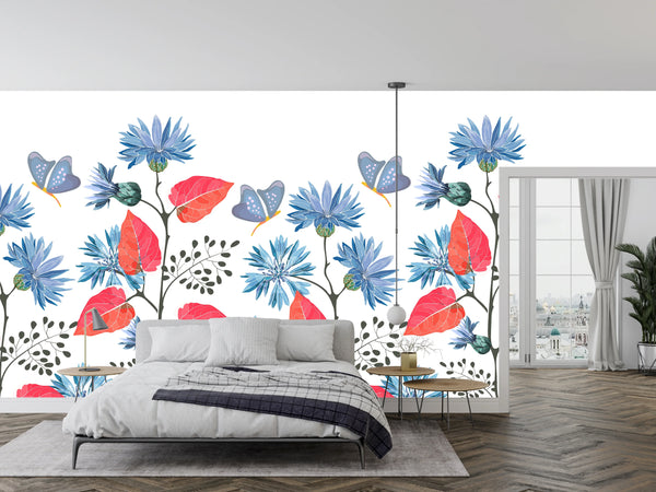 Blue Flowers, Red Leaves Wallpaper, Seamless Pattern Mural, Oversized Custom Size Wall Art, Non-Woven, Non-Adhesive, Modern Wall Paper, Removable