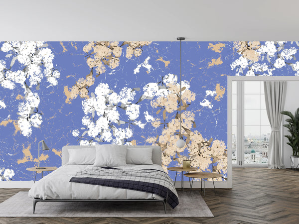 Abstract Floral, Blue Background Wallpaper, Seamless Pattern Mural, Oversized Custom Size Wall Art, Non-Woven, Non-Adhesive, Modern Wall Paper, Removable