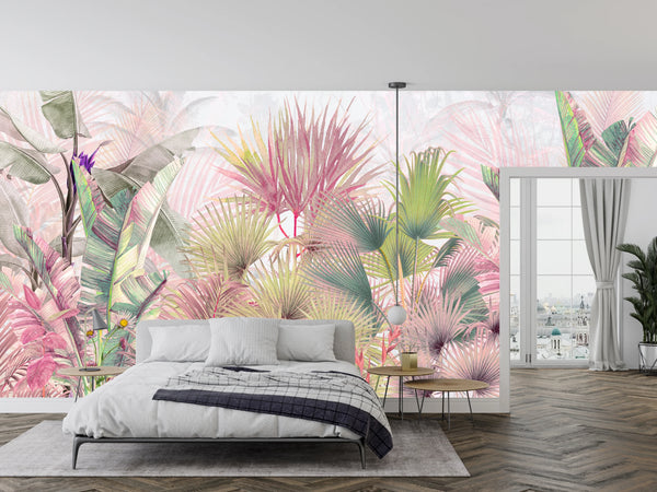 Tropical Forest, Pastel Colors Wallpaper, Leaves and Trees Mural, Oversized Custom Size Wall Art, Non-Woven, Non-Adhesive, Modern Wall Paper, Removable