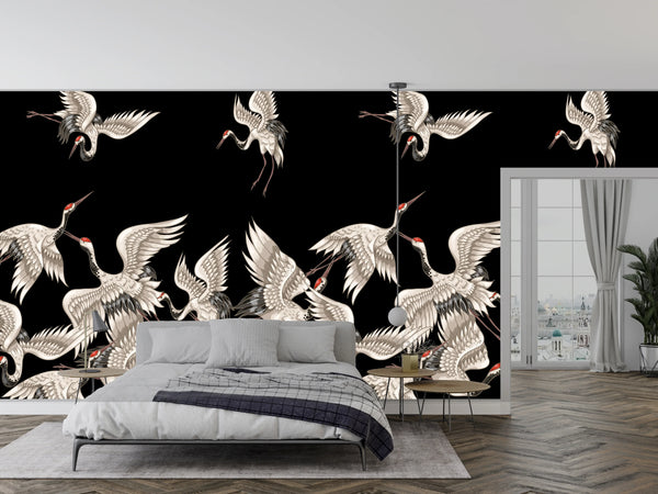Japanese White Cranes Wallpaper, Seamless Pattern Mural, Oversized Custom Size Wall Art, Non-Woven, Non-Adhesive, Modern Wall Paper, Removable