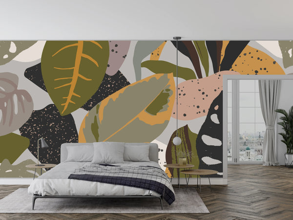 Abstract Botanical Wallpaper, Seamless Pattern Mural, Oversized Custom Size Wall Art, Non-Woven, Non-Adhesive, Modern Wall Paper, Removable